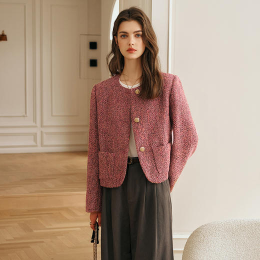 OLrain欧芮儿小香风外套女春季2025年新款安可拉红圆领粗花呢上衣 商品图3