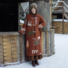 绽放845朵/冬季羊毛卷冬牧场动物主题提花翻领牛角扣长毛衣开衫