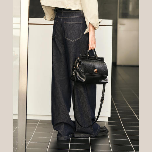 OLrain欧芮儿蓝色牛仔裤女春季2025年新款通勤设计感收褶阔腿裤 商品图3