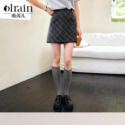 OLrain欧芮儿灰色格子半身裙女春季2025年新款设计感蕾丝拼接短裙 商品图0