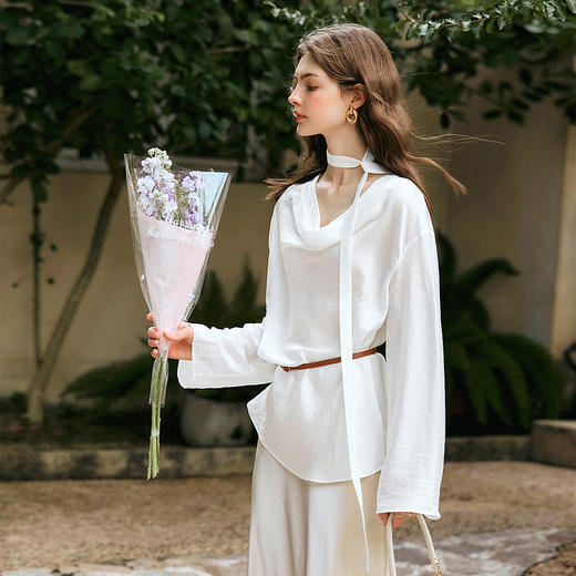OLrain欧芮儿法式白色雪纺衫女冬季2024年新款慵懒风荡领飘带上衣 商品图2