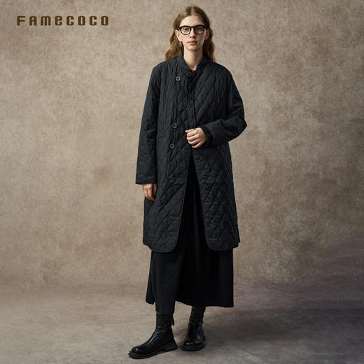 Famecoco范可儿小立领中式改良长款菱格纹轻薄棉服FAC8AE001 商品图3