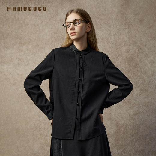 Famecoco范可儿真丝拼接肌理醋酸缎中式立领衬衫FAC8BH002 商品图3