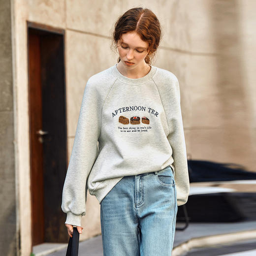 OLrain欧芮儿花灰色休闲卫衣女春季2025新款复古宽松圆领套头上衣 商品图1