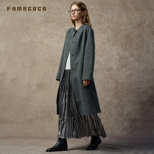 Famecoco范可儿文艺气质高级羊驼毛无领大衣FAC8AQ005 商品图2