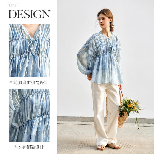 OLrain欧芮儿蓝色晕染雪纺衫女冬季2024年新款度假风慵懒绑带小衫 商品图2