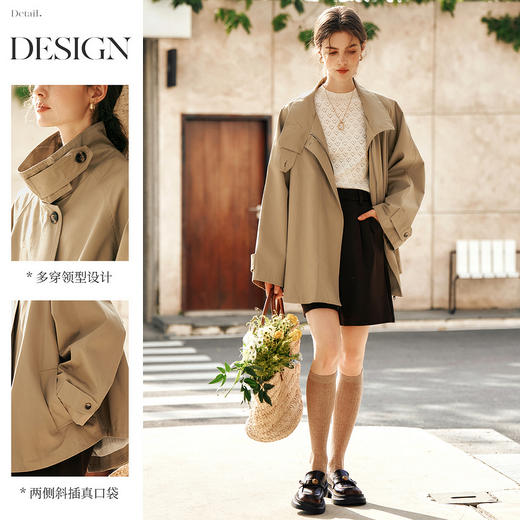 OLrain欧芮儿卡其色立领风衣女春季2025新款美式复古宽松斗篷外套 商品图3