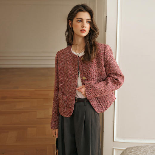 OLrain欧芮儿小香风外套女春季2025年新款安可拉红圆领粗花呢上衣 商品图1