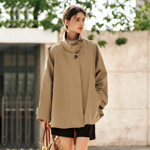 OLrain欧芮儿卡其色立领风衣女春季2025新款美式复古宽松斗篷外套 商品图2