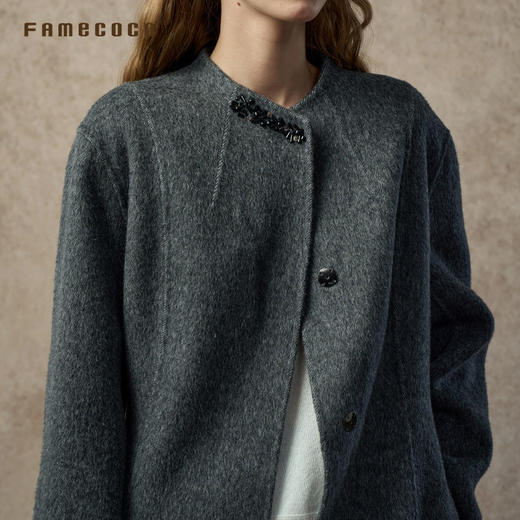 Famecoco范可儿文艺气质高级羊驼毛无领大衣FAC8AQ005 商品图3