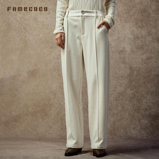Famecoco精纺羊毛宽松阔腿裤显瘦立体剪裁腰头提花拼接FAC8GA010 商品图0
