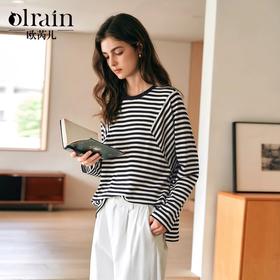 OLrain欧芮儿黑白条纹T恤女冬季2024年新款百搭休闲长袖套头衫