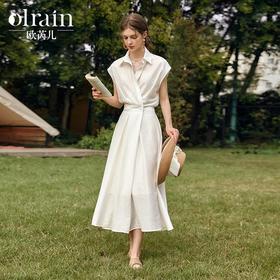 OLrain欧芮儿米白色连衣裙女春季2025年新款复古通勤连肩袖衬衫裙