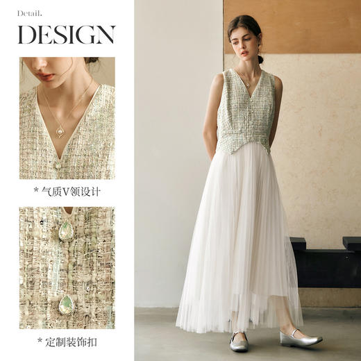 OLrain欧芮儿法式连衣裙女春季2025年新款拼接粗花呢百褶网纱长裙 商品图2