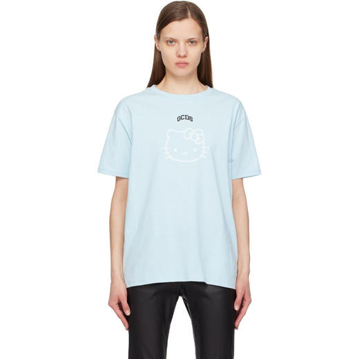 GCDS 男女同款 hellokitty 联名徽标印花棉质圆领短袖T恤 浅蓝色 A1CM2313JA370 商品图0