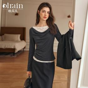 OLrain欧芮儿灰色长袖T恤女冬季2024新款蕾丝一字肩荡领双层上衣