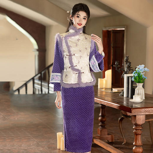 紫色加厚国风中式改良旗袍，复古长袖马甲两件套拜年服ZQYS-SC20463 商品图1
