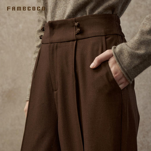 Famecoco范可儿中式宽腰头盘扣梭织宽松直筒显瘦长裤FAC8GA008 商品图2