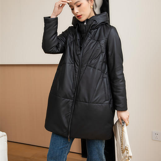 丁摩 真皮羽绒服女绵羊皮中长款连帽加厚外套9811 商品图3