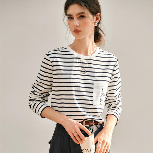 OLrain欧芮儿条纹长袖T恤女冬季2024新款小众设计感口袋刺绣上衣 商品图1