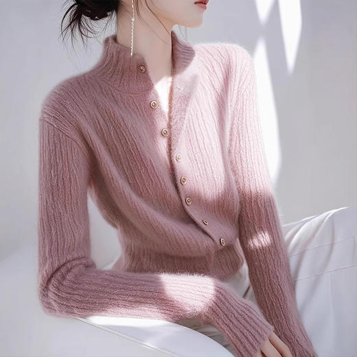 SMZ33405软糯粉色半高领针织开衫女2024冬季新款高级感气质休闲长袖毛衣潮 商品图3