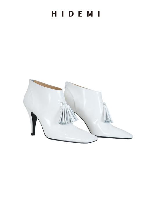 HIDEMI 节日系列进口头层牛皮流苏设计感方头极简设计感踝靴高跟鞋 白色/勃艮第红 商品图7