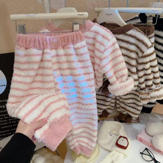 轻·软·萌·暖【品质云朵绒，细腻不掉毛，软糯舒服】儿童双面绒套装秋冬季宝宝毛绒亲子家居服两件套男女童条纹睡衣zb 商品图3