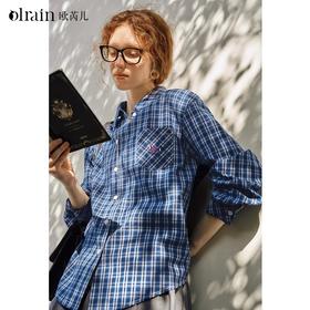 OLrain欧芮儿蓝色格子衬衫女春季2025新款通勤翻领设计感刺绣衬衣
