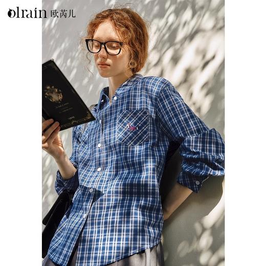 OLrain欧芮儿蓝色格子衬衫女春季2025新款通勤翻领设计感刺绣衬衣 商品图0
