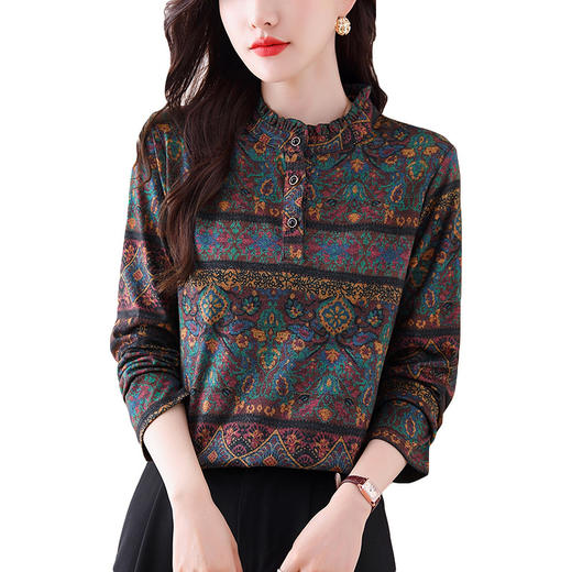 KQL-458H3564秋冬新款长袖印花百搭减龄立领澳绒保暖打底衫小衫上衣女 商品图4