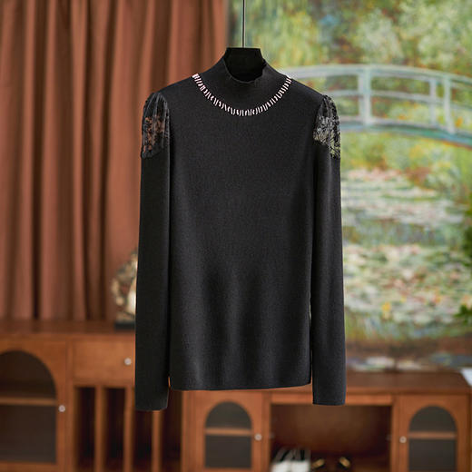 【高货wl】全新升级【铂金会员183/天猫249/差价66】(33510)洛诗琳通勤休闲时尚半高领钉珠镂空蕾丝刺绣针织打底衫 商品图3