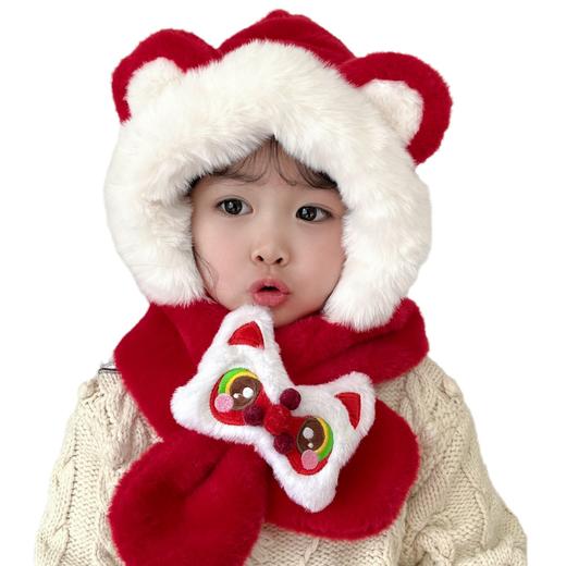 【可爱醒狮造型，超萌护耳帽！】1-10岁宝宝帽子秋冬款 醒狮新年儿童围巾一体帽 可爱超萌 加厚男女童护耳帽-QQ 商品图4