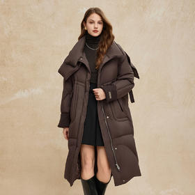 PR004斯尔丽2024年冬季新款高充绒带帽立领简约廓形长款通勤鸭绒羽绒服