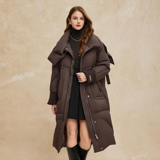 PR004斯尔丽2024年冬季新款高充绒带帽立领简约廓形长款通勤鸭绒羽绒服 商品图0