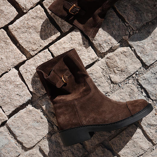 BIUCILI 原创设计慵懒松弛感绒面皱皱堆堆靴短靴女靴子工程师靴 商品图4