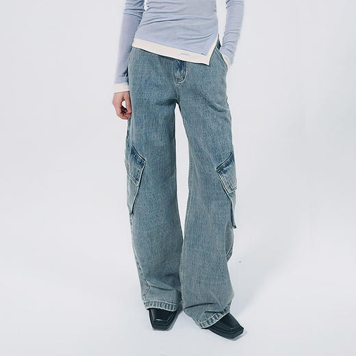 【2件9折】【Petit Bari】复古水洗工装风阔腿牛仔裤（水洗产品） 商品图0