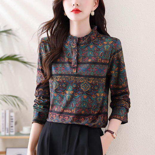 KQL-458H3564秋冬新款长袖印花百搭减龄立领澳绒保暖打底衫小衫上衣女 商品图0