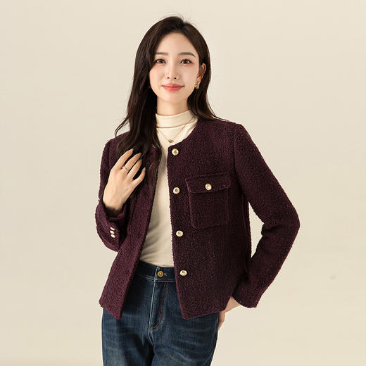 【高货xg】全新升级【铂金会员293/天猫399/差价106】(35435)洛诗琳秋冬新款法式复古葡萄紫简约粗花呢气质小香风外套 商品图0