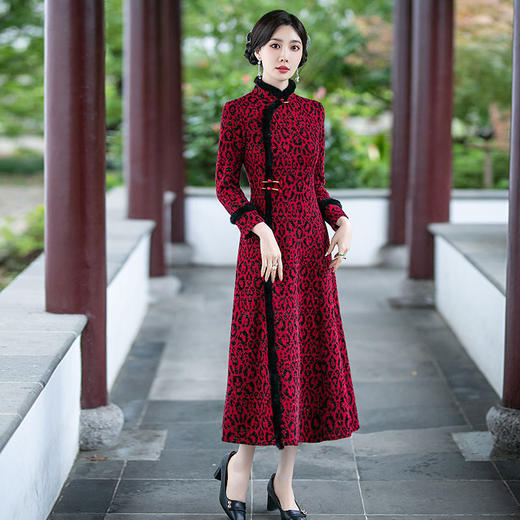 SYG-106冬季加厚弹力双彩貂绒中长款显瘦改良旗袍日常保暖连衣裙 商品图1