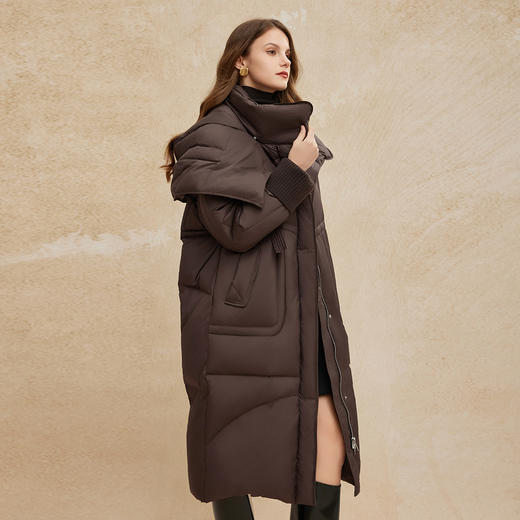 PR004斯尔丽2024年冬季新款高充绒带帽立领简约廓形长款通勤鸭绒羽绒服 商品图2