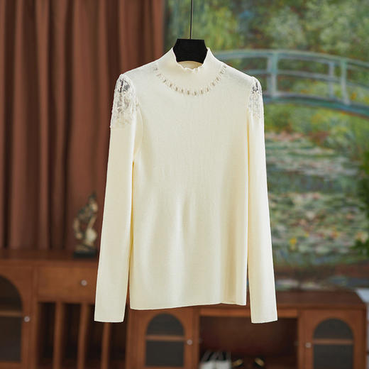 【高货wl】全新升级【铂金会员183/天猫249/差价66】(33510)洛诗琳通勤休闲时尚半高领钉珠镂空蕾丝刺绣针织打底衫 商品图1