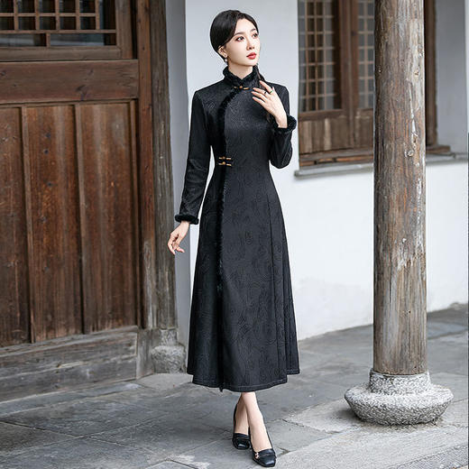 SYG-109秋冬新款高级感改良加绒加厚长袖黑色旗袍女日常复古气质旗袍 商品图0