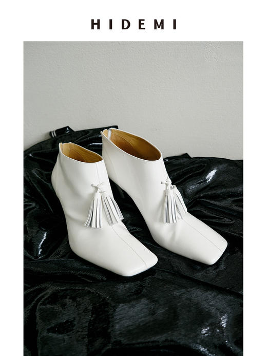 HIDEMI 节日系列进口头层牛皮流苏设计感方头极简设计感踝靴高跟鞋 白色/勃艮第红 商品图5