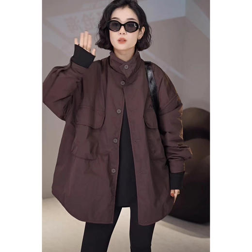 雀说宽松大口袋棉服新款休闲中长款开衫翻领棉衣外套AL3635 商品图0