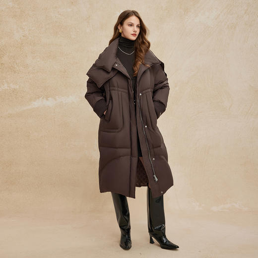 PR004斯尔丽2024年冬季新款高充绒带帽立领简约廓形长款通勤鸭绒羽绒服 商品图3