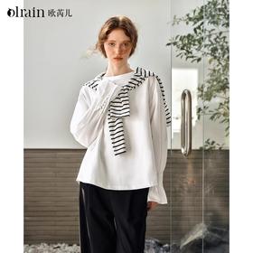 OLrain欧芮儿白色长袖衬衫女春季2025年新款设计感慵懒风拼接上衣