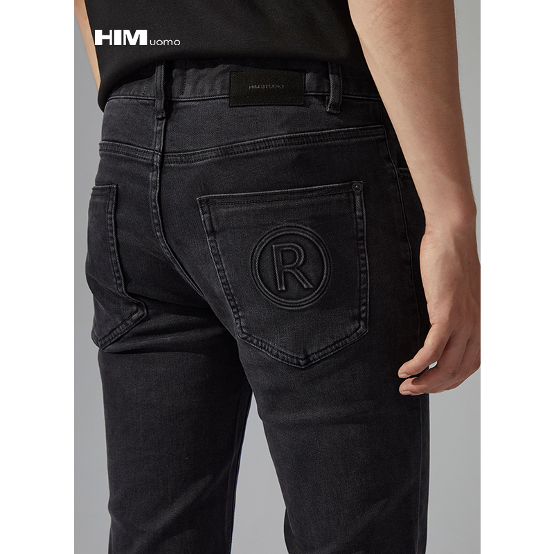 HIM漢崇 经典黑色洗水做旧修身弹力牛仔裤男【后袋压印】2025冬季