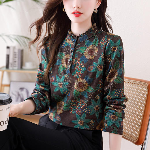 KQL-458H3565秋冬新款长袖印花百搭减龄立领澳绒保暖打底衫小衫上衣女 商品图0