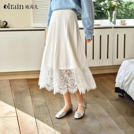 OLrain欧芮儿法式白色半身裙女春季2025年新款蕾丝花边拼接针织裙 商品图0