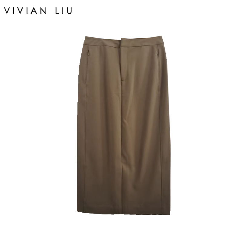 VIVIAN LIU薇薇安刘R2344006秋女装新款隐形拉链兜前后高开叉半裙
